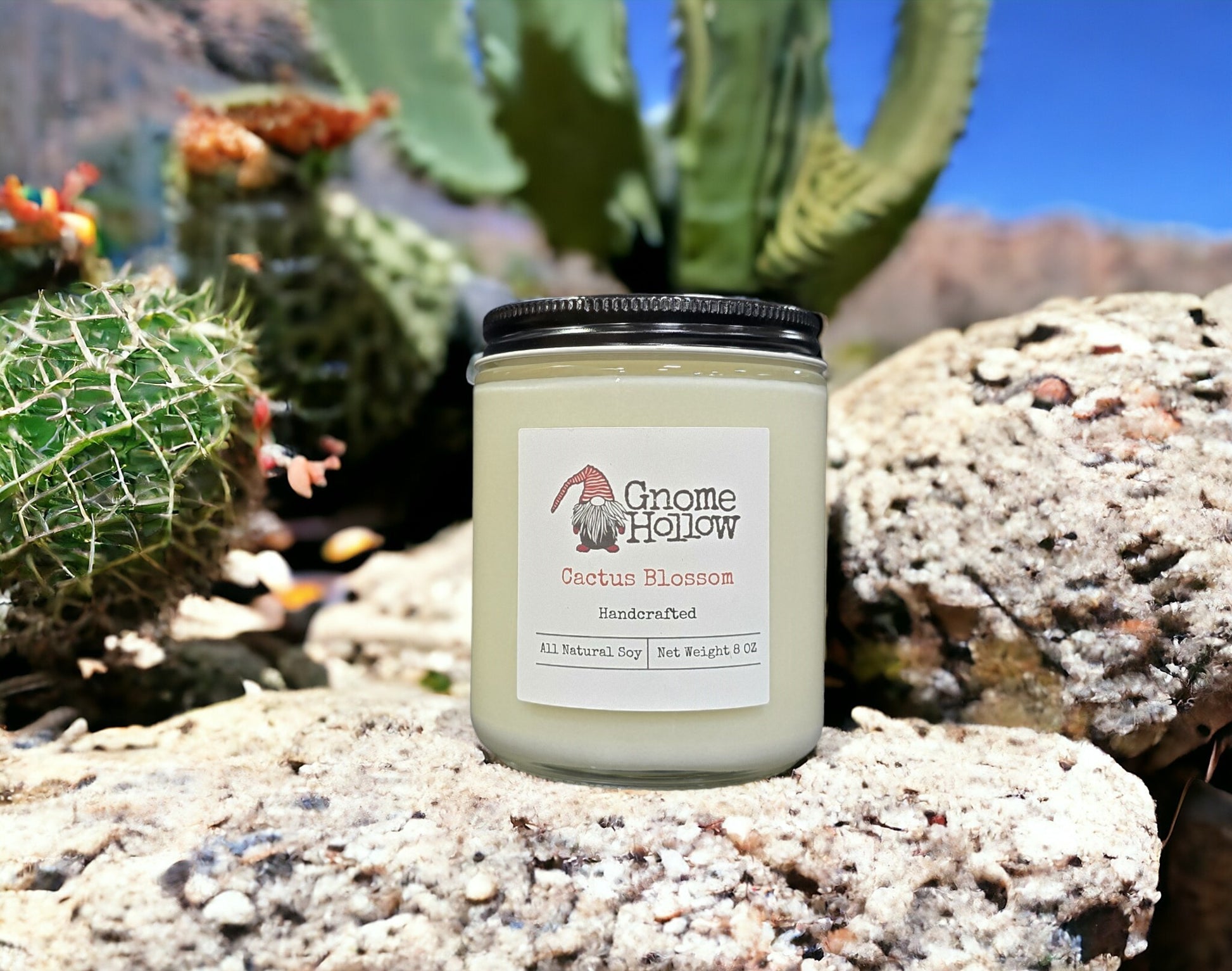 Cactus Blossom candle sitting on a rock surrounded by cactus