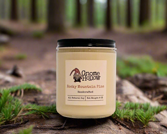 Rocky Mountain Pine candle sitting a fallen tree with pine trees in the background