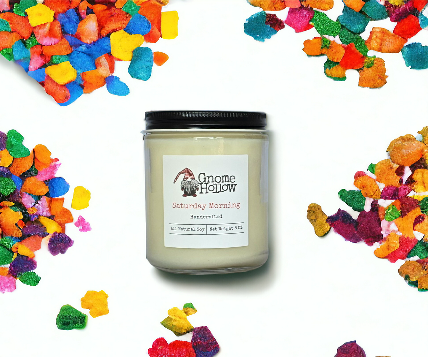 Saturday Morning candles surrounded by Fruity Pebbles