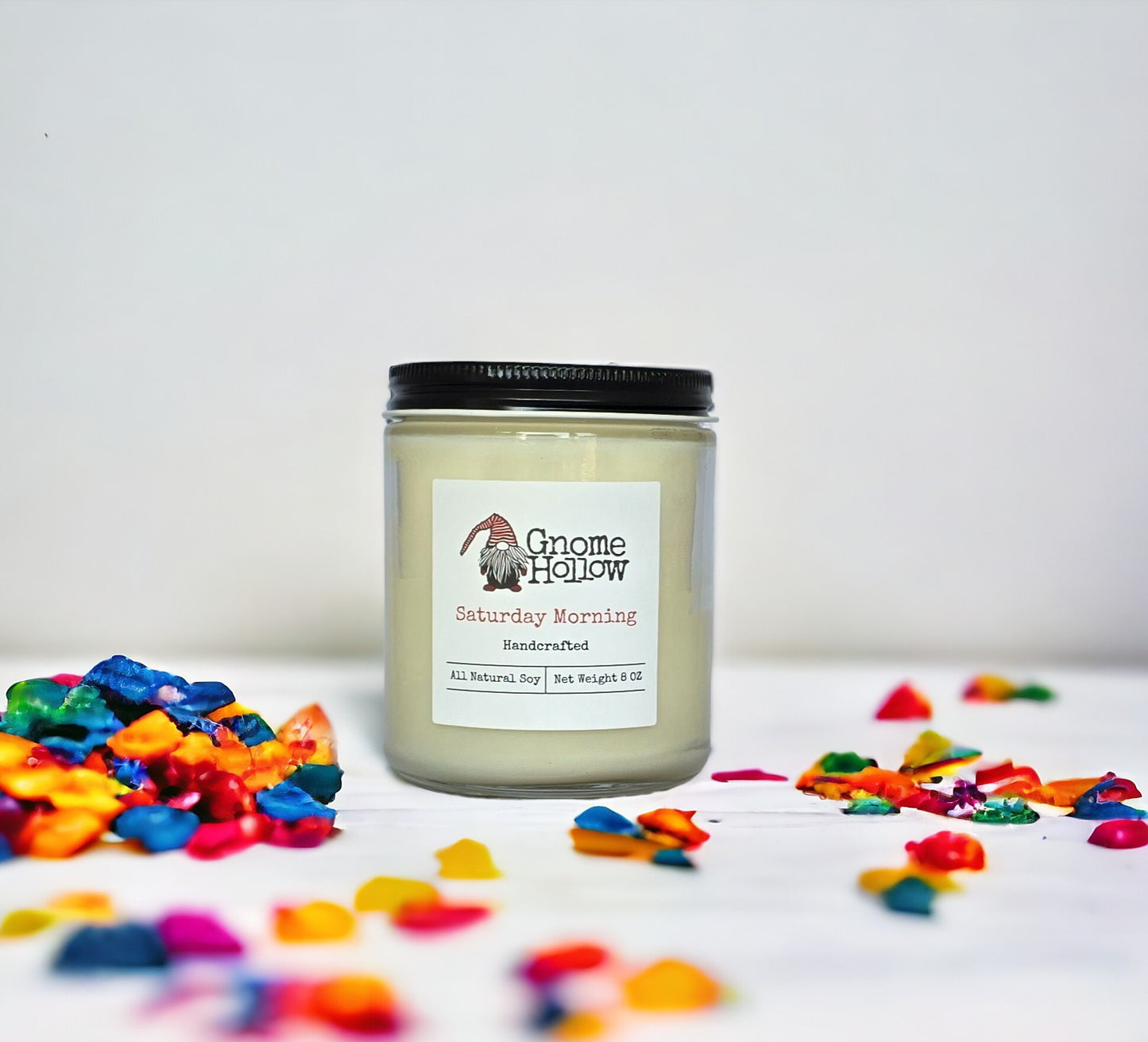 Saturday Morning candle surrounded by Fruity Pebbles