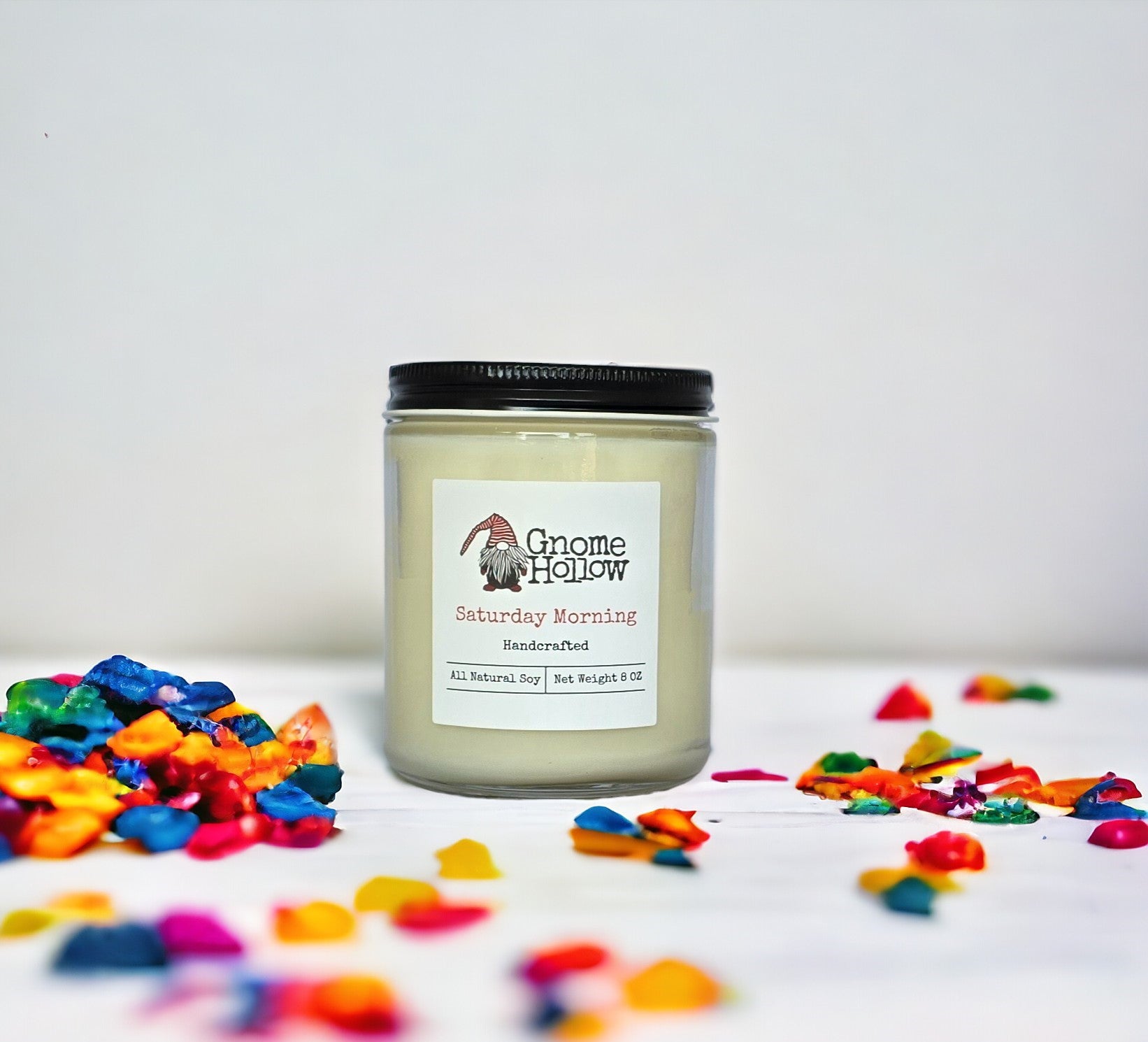 Saturday Morning candle surrounded by Fruity Pebbles