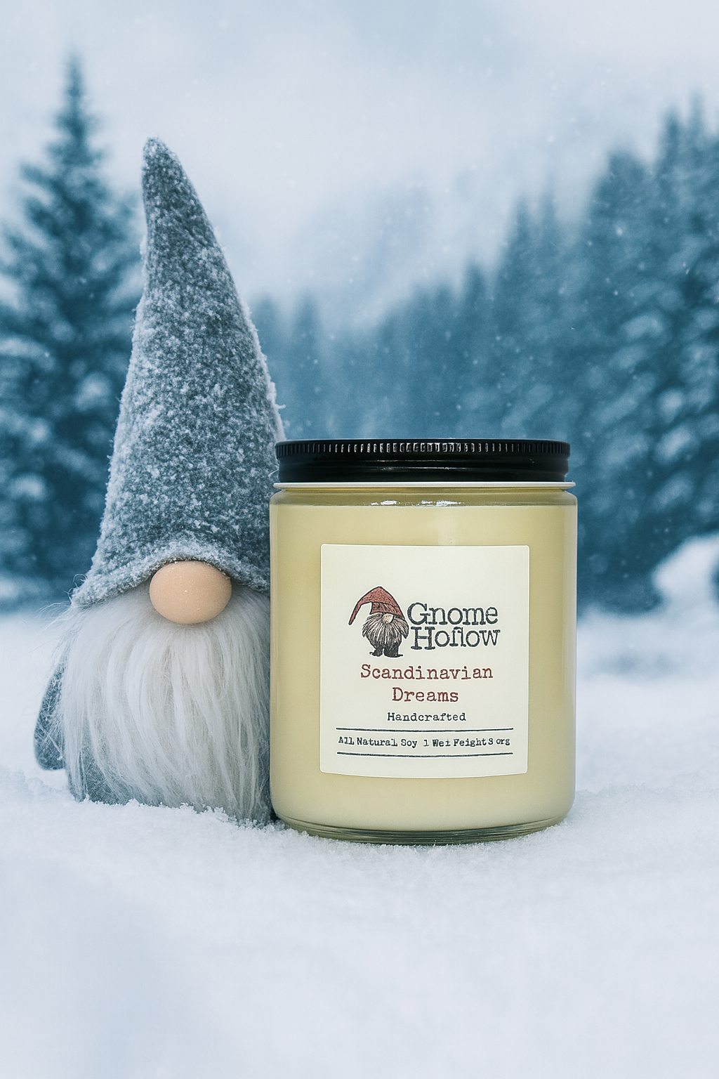 Scandinavian Dreams candle sitting in snow with a gnome to its left