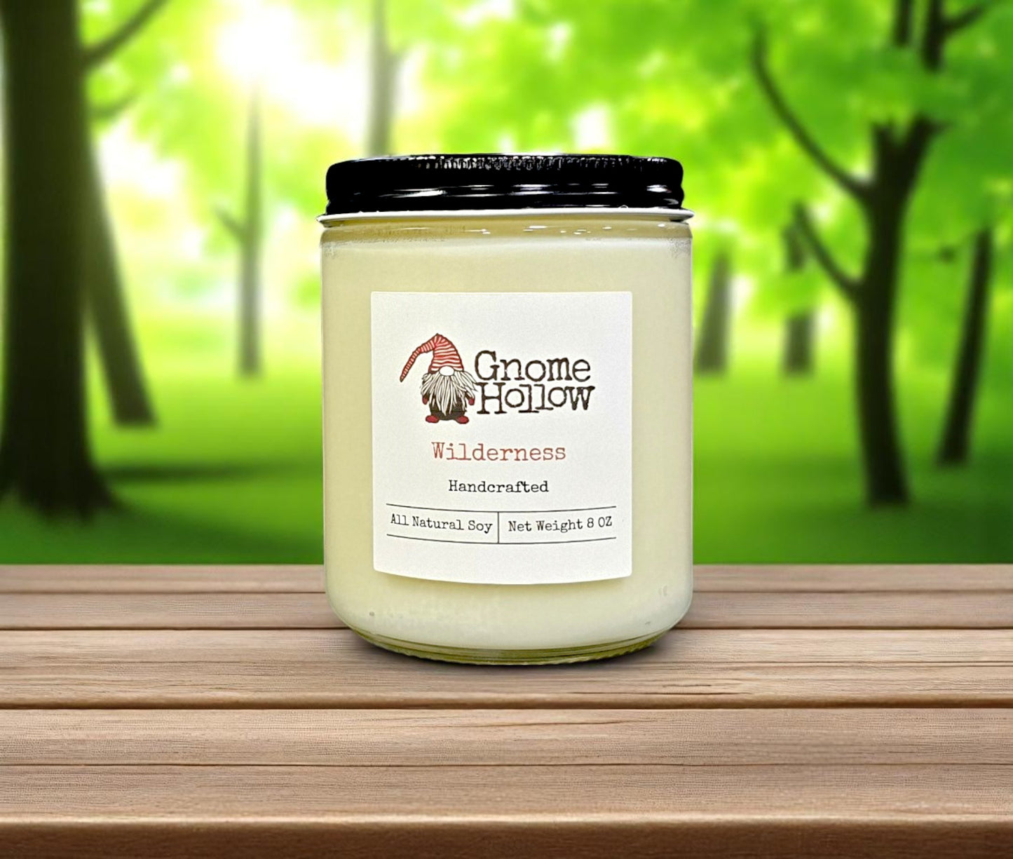 Wilderness candle sitting on a wood plank with blurred greenery in the background