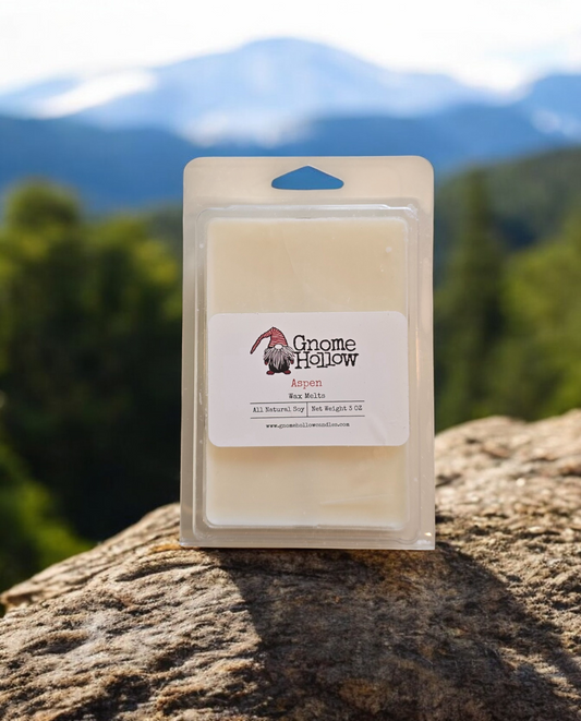 Gnome Hollow wax melt in 3 oz size. Aspen wax melt sitting on a rock with trees and mountains in the backgrouns