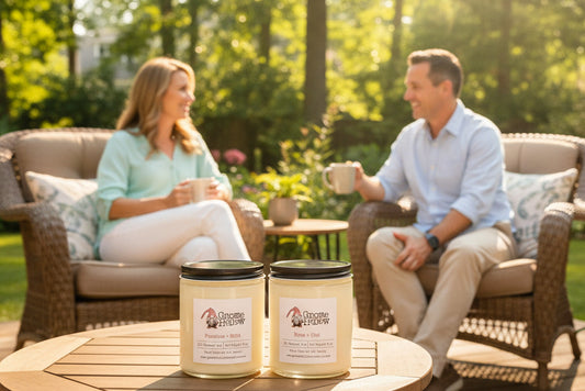 2 candles in front of mom and dad as they are relaxing outside on the deck