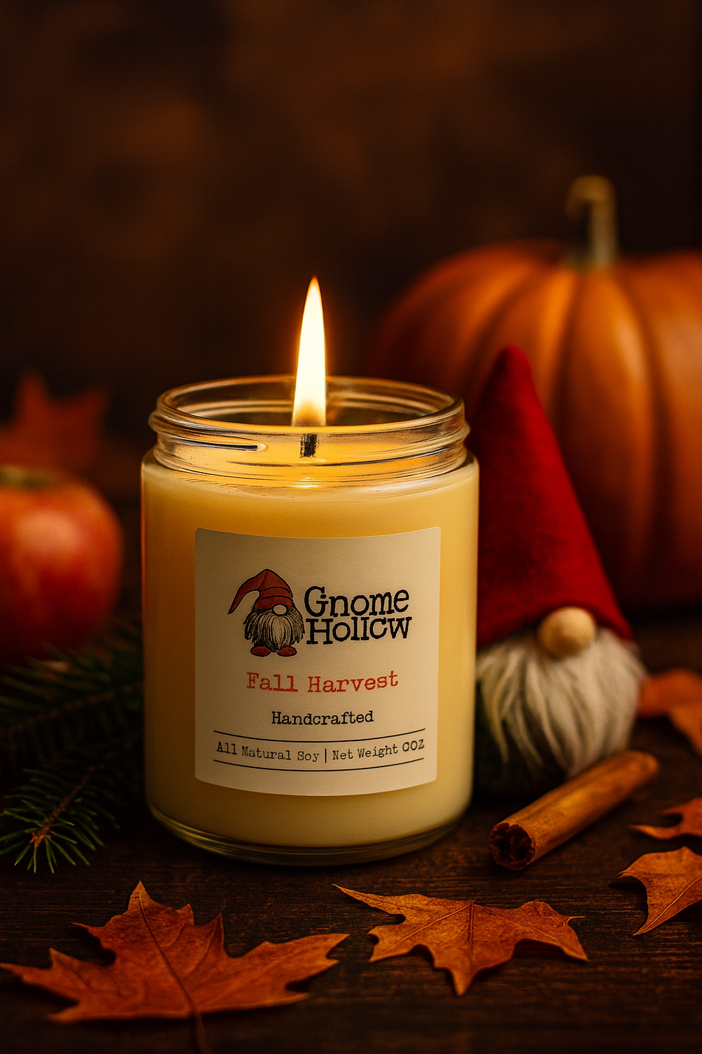 Fall Harvest candle sitting on a table surrounded by leaves, cinnamon sticks, pumpkins, and a gnome with a red hat