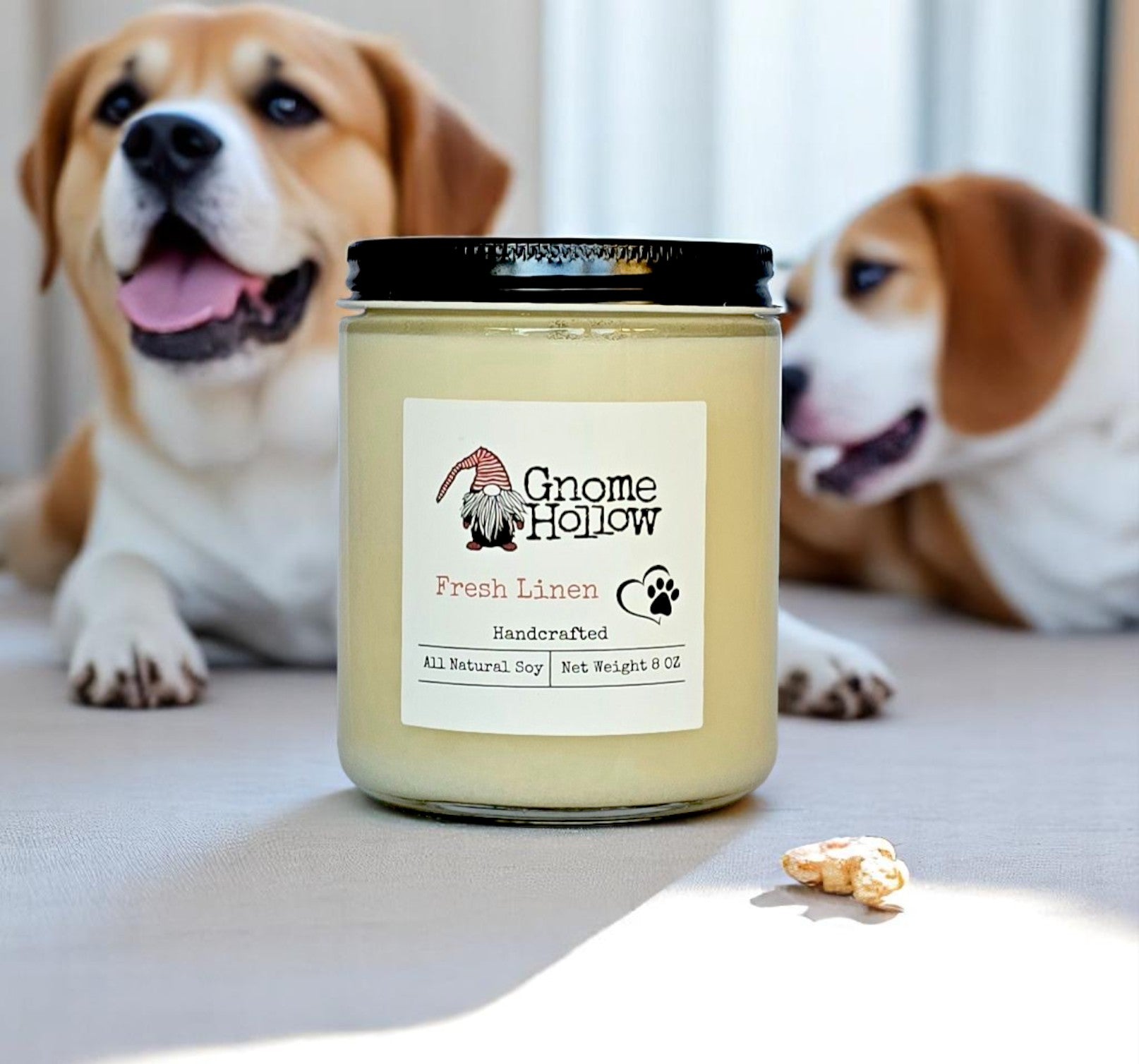 Fresh Linen candle with two beagle mix dogs in the background