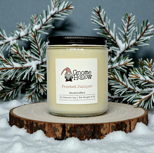 Candle in snow with juniper