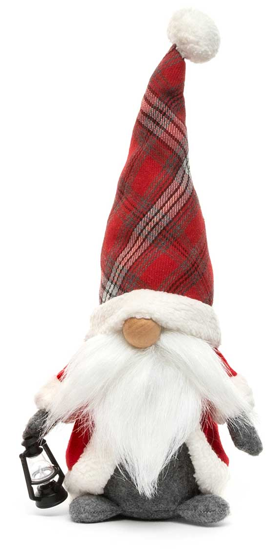 Gnome with Plaid Hat holding Lantern