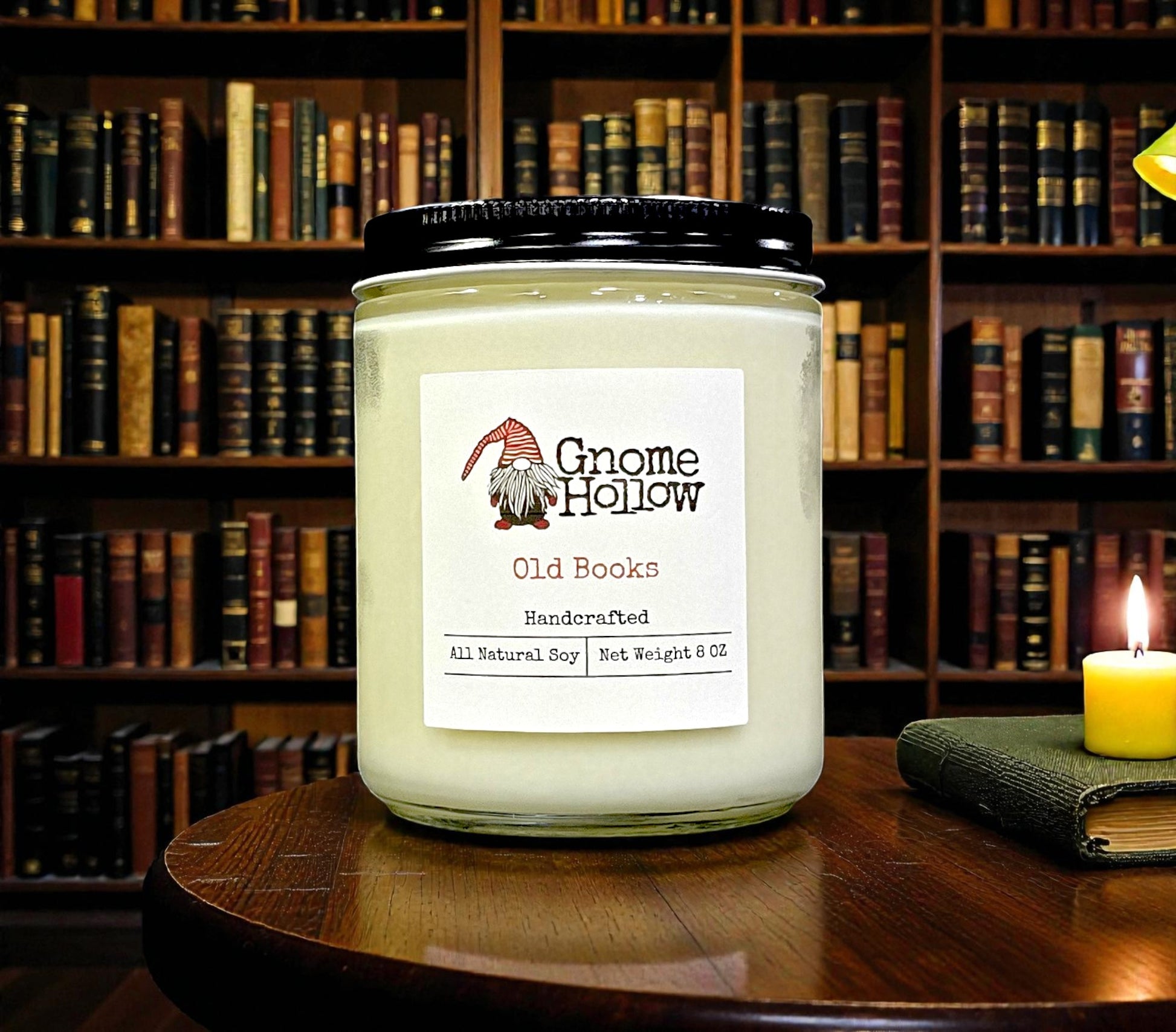 Candle in front of library shelves