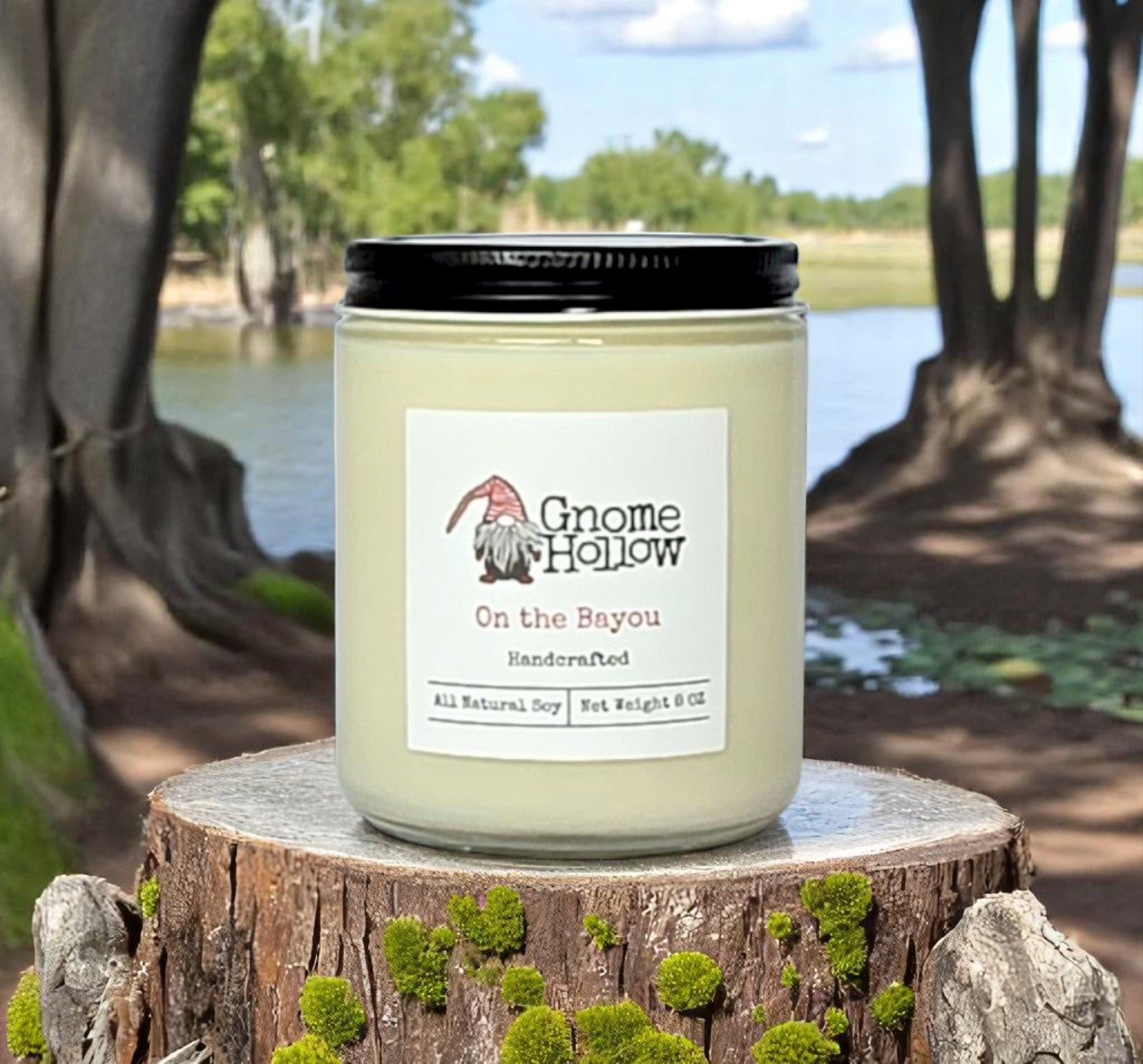 On the Bayou candle sitting on a cypress stump with cypress trees and a swamp in the background