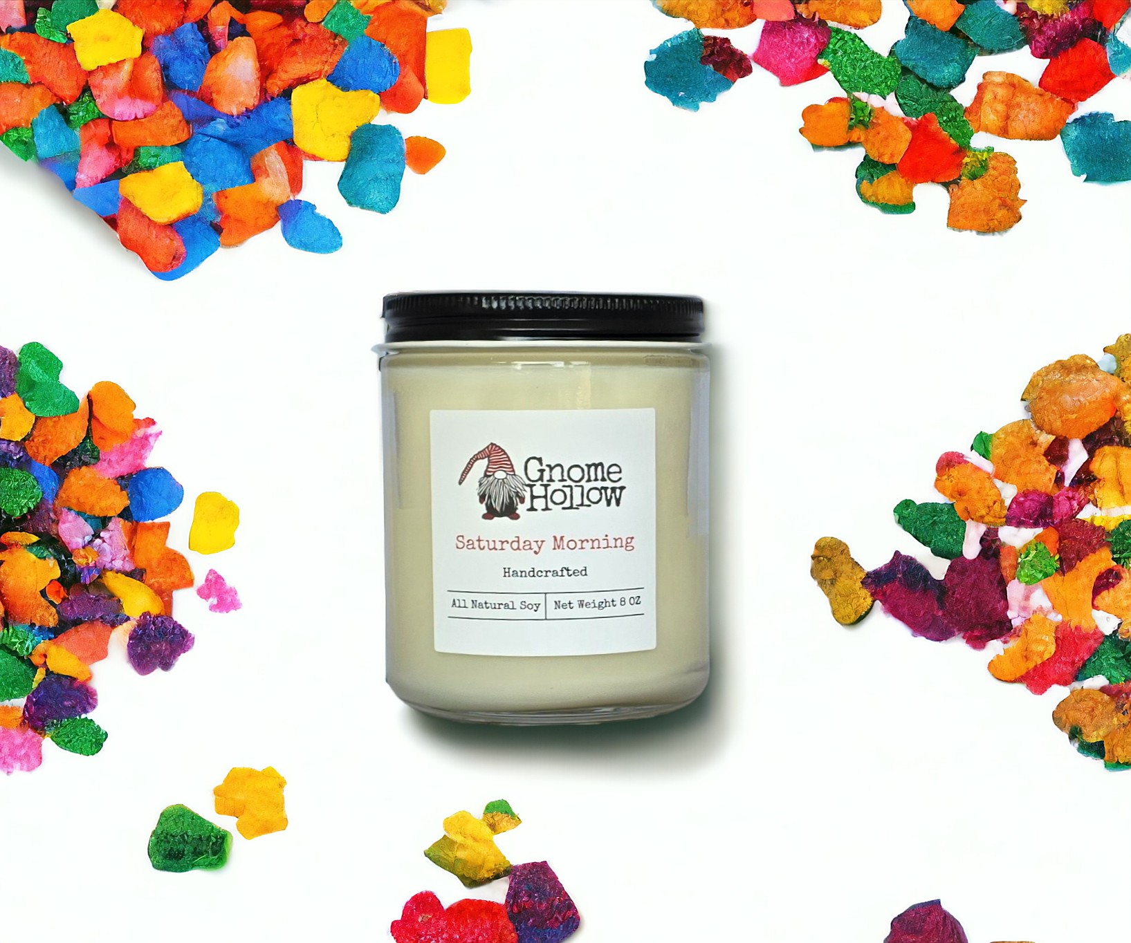 Saturday Morning candles surrounded by Fruity Pebbles