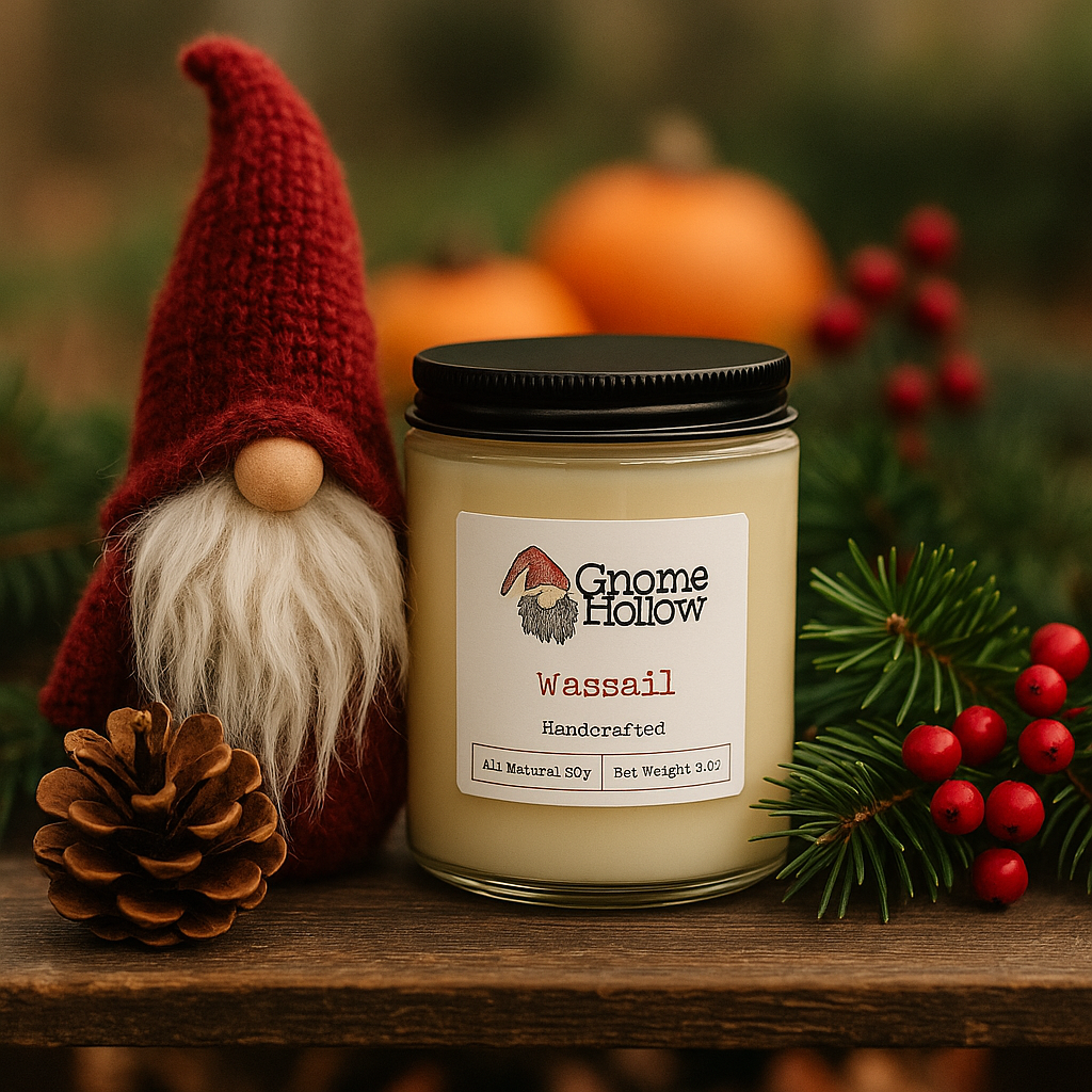 Wassail candle sitting on a wood plank with evergreen and berries to the right and a gnome with a red hat on the left