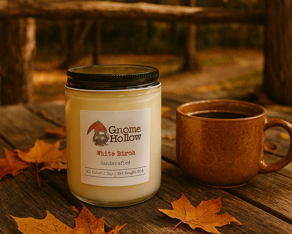 White Birch sitting on a deck with a cup of coffee with maple leaves and a background of Louisiana swamp